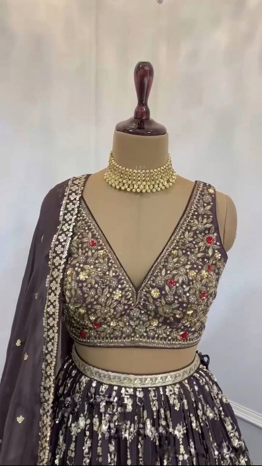 Designer Georgette Wine Lehenga Choli