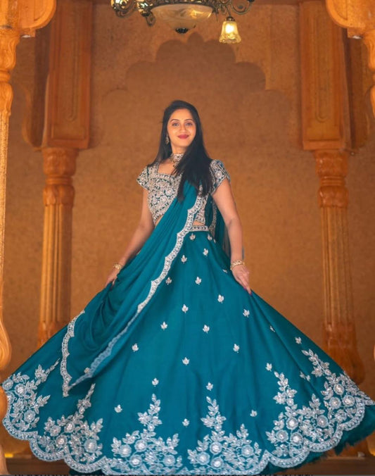 Turquoise Chinon Wedding Wear Lehenga Choli