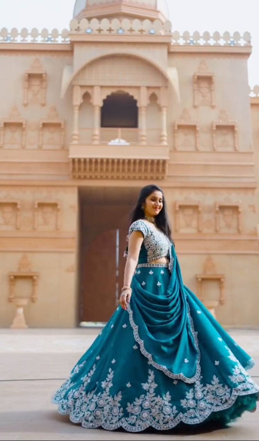 Turquoise Chinon Wedding Wear Lehenga Choli