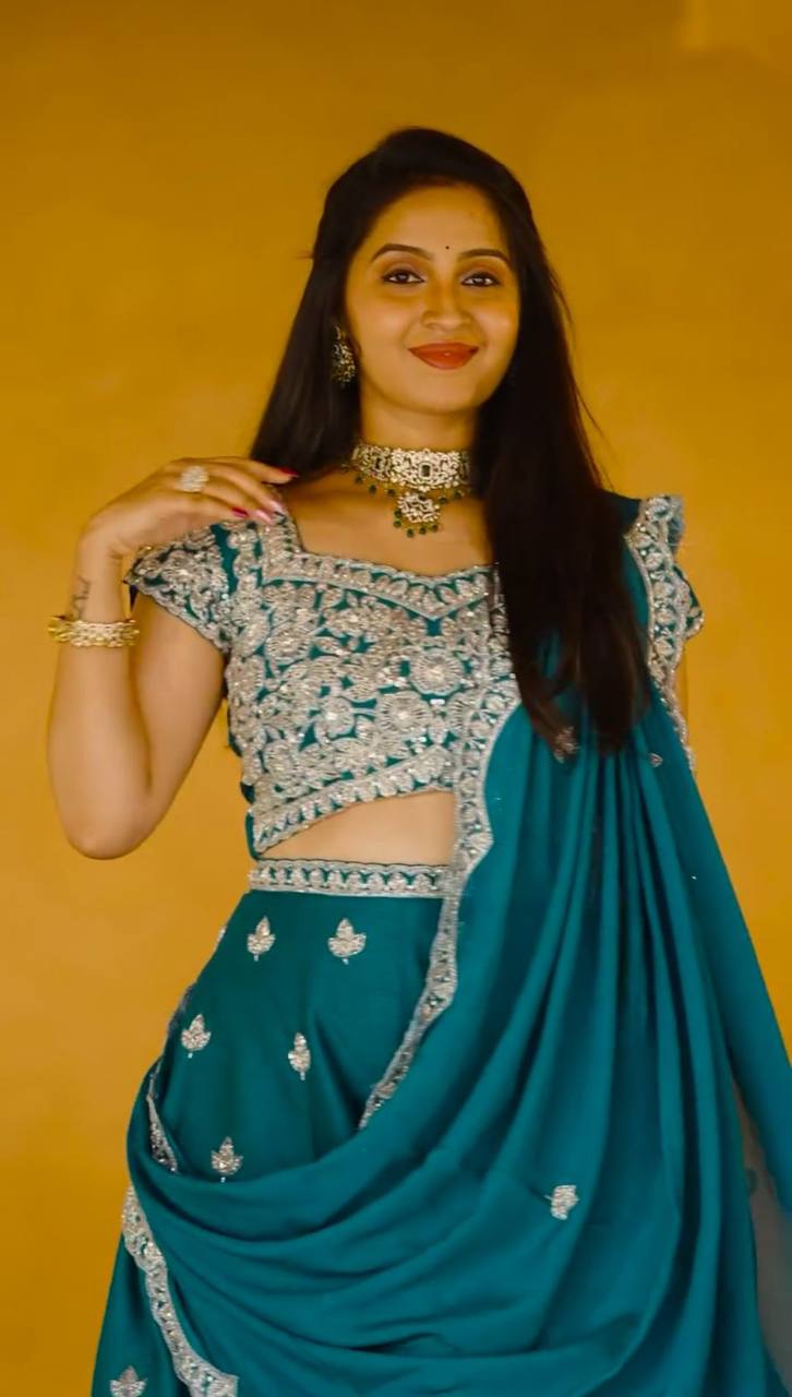 Turquoise Chinon Wedding Wear Lehenga Choli