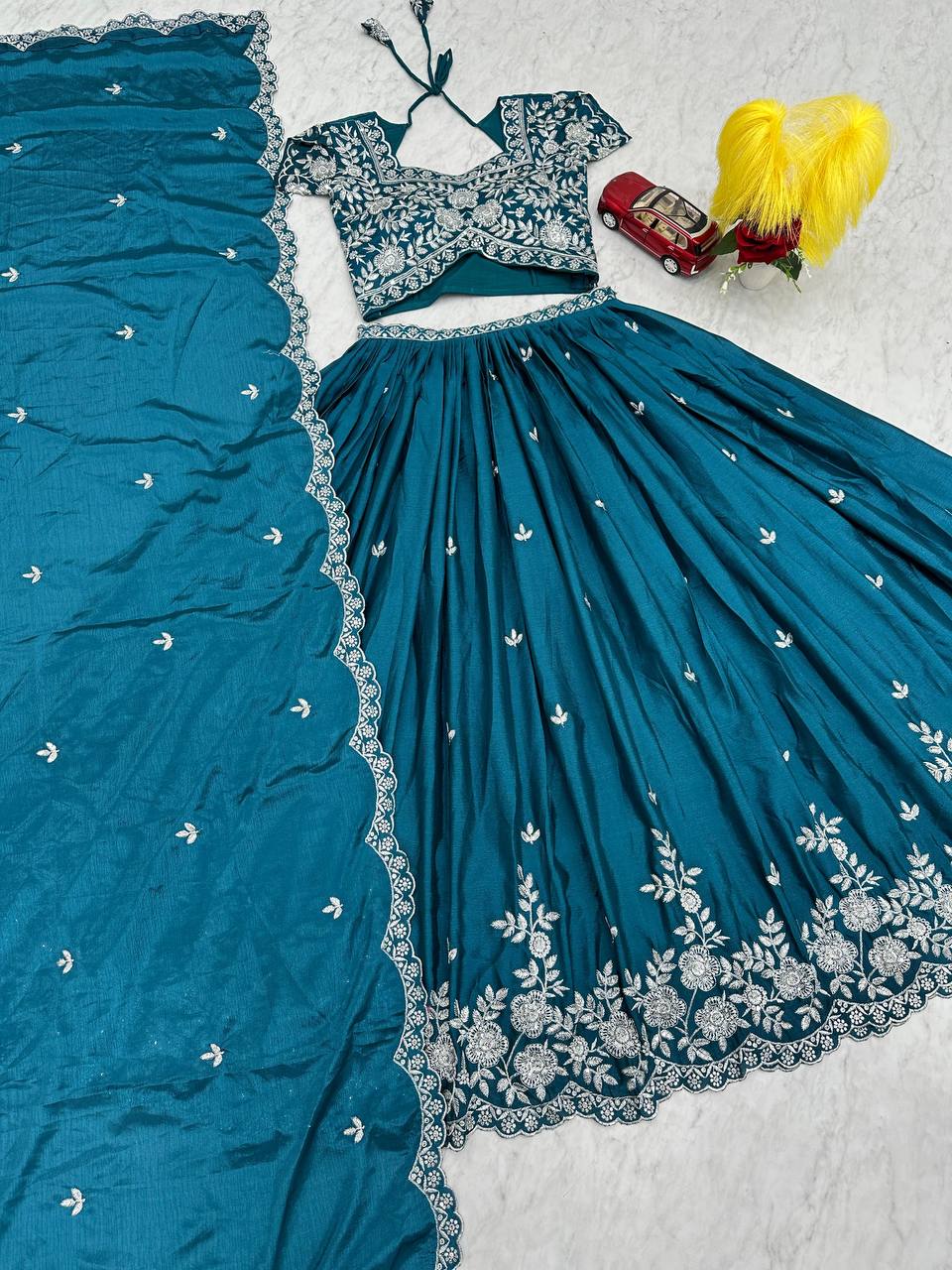 Turquoise Chinon Wedding Wear Lehenga Choli