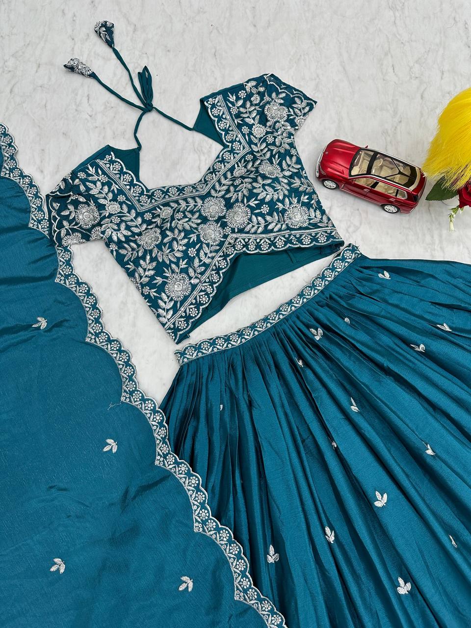 Turquoise Chinon Wedding Wear Lehenga Choli