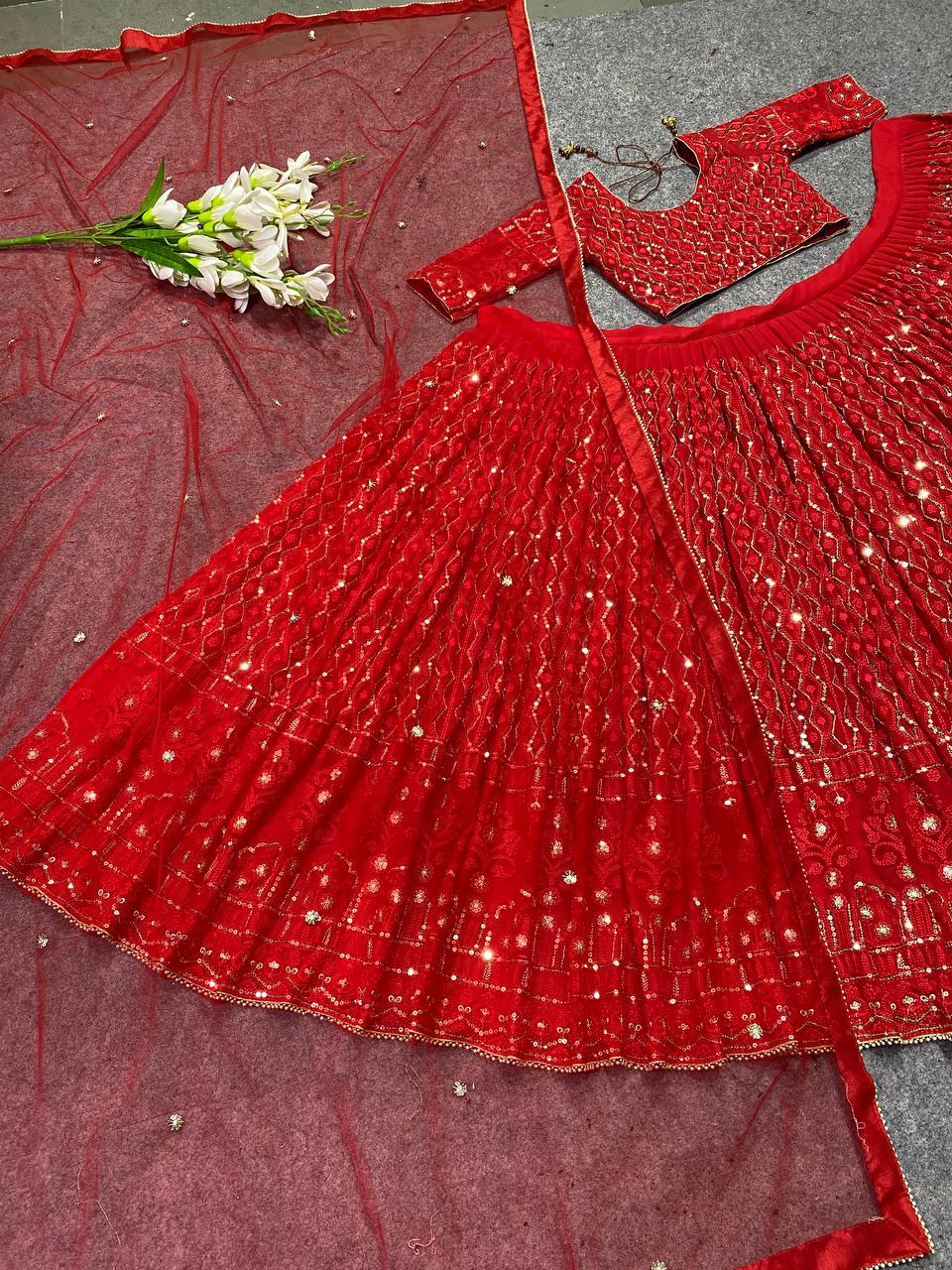 Wedding Wear Georgette Embroidered Red Lehenga Choli