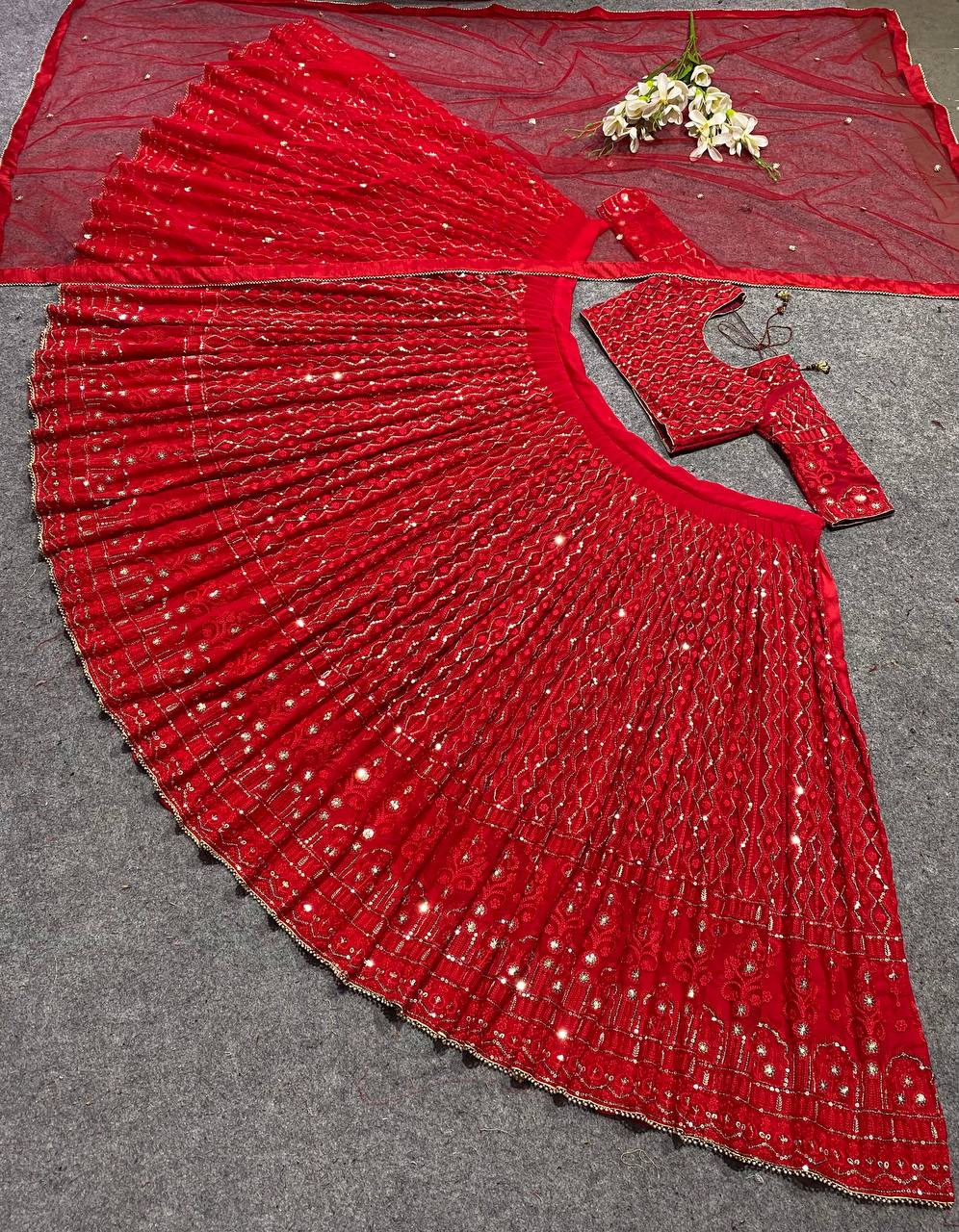 Wedding Wear Georgette Embroidered Red Lehenga Choli