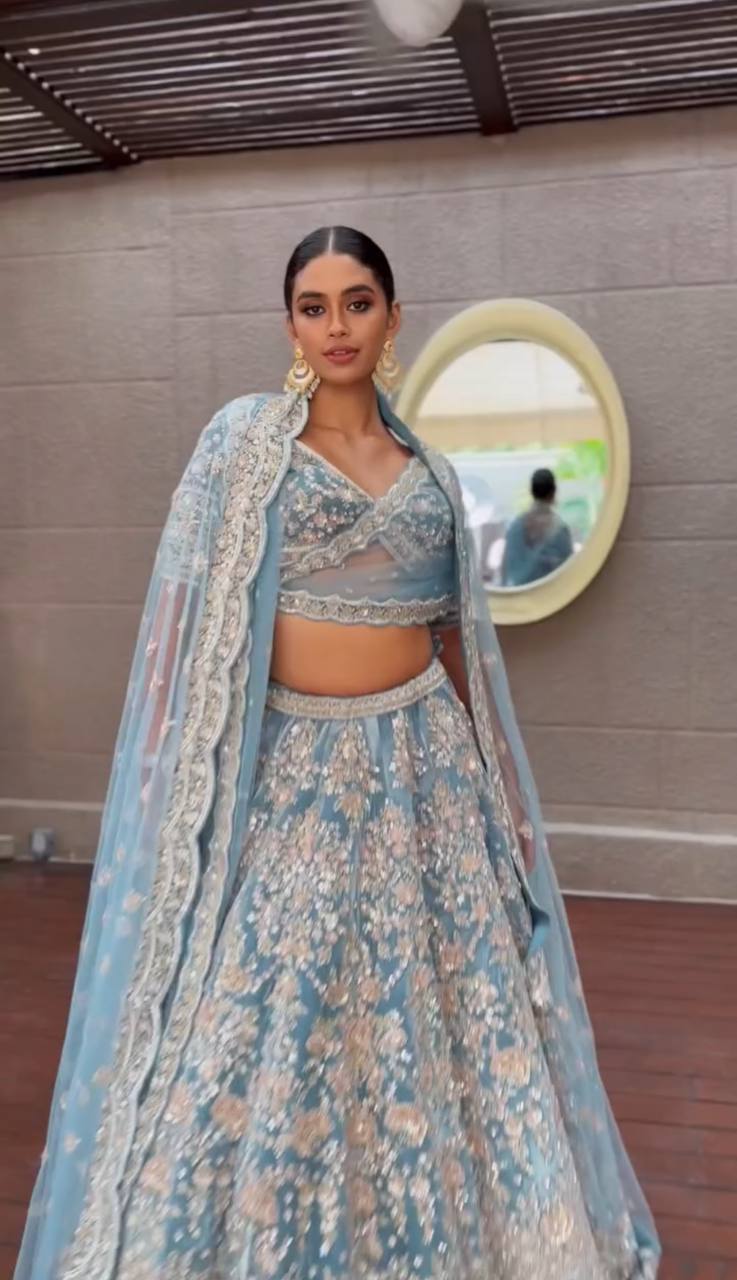 Georgette Embroidered Wedding Wear Sky Blue Lehenga Choli