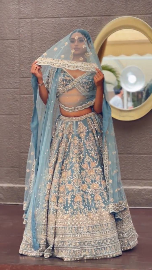 Georgette Embroidered Wedding Wear Sky Blue Lehenga Choli