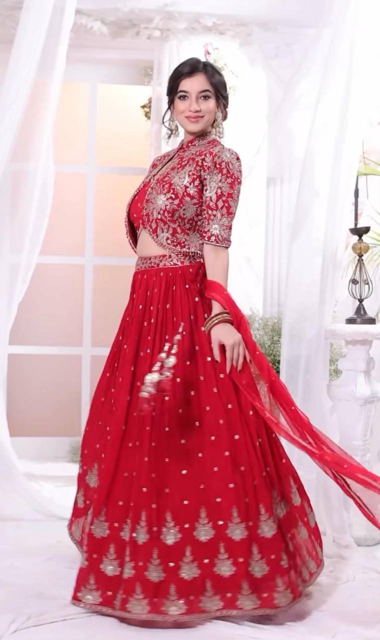 Wedding Wear Chinon Red Lehenga Choli