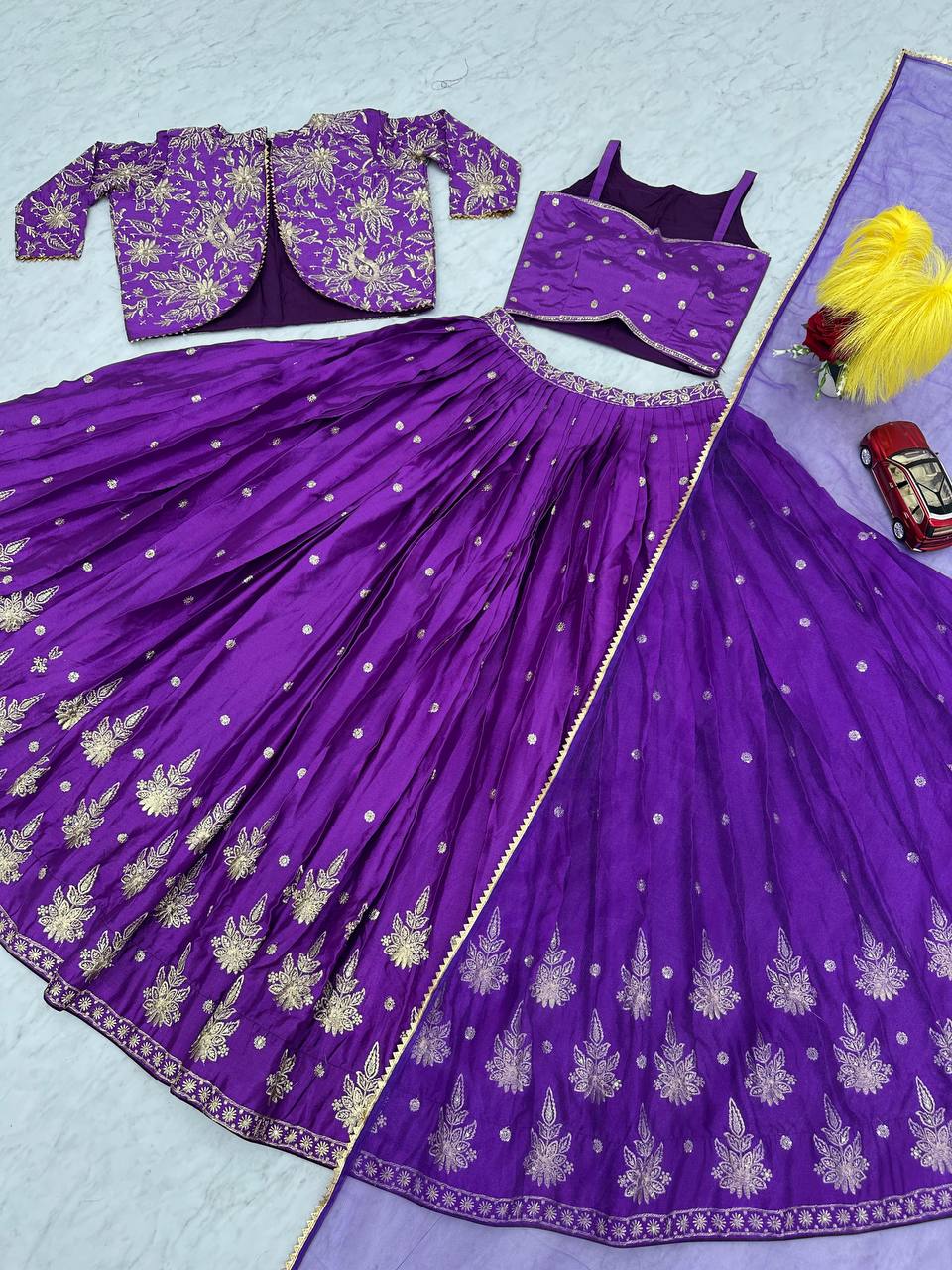 Wedding Wear Chinon Purple Lehenga Choli