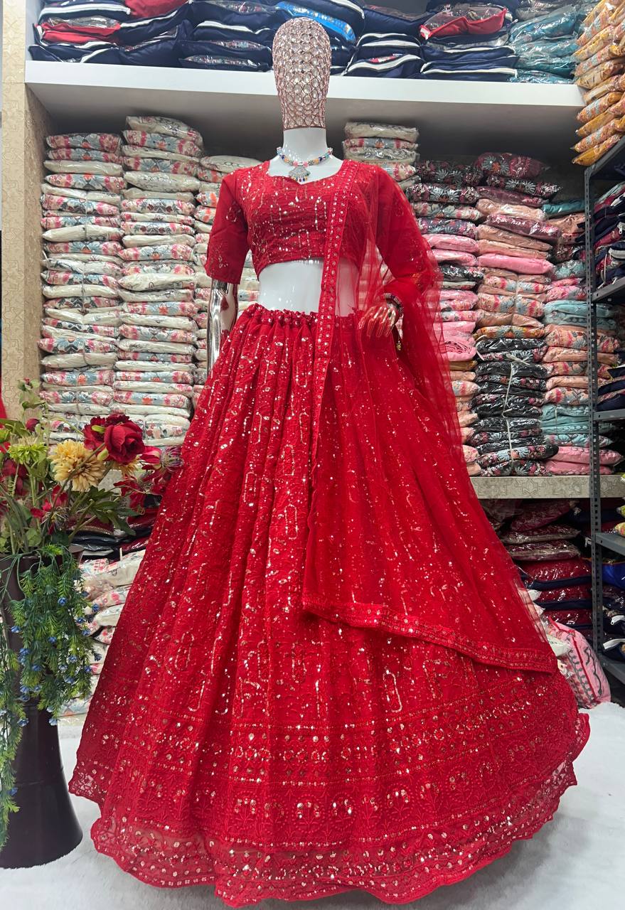 Party Wear Faux Georgette Red Lehenga Choli