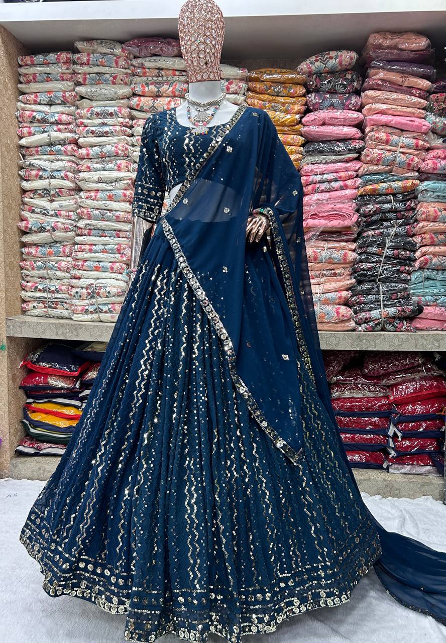 Wedding Wear Georgette Sequence Blue Lehenga Choli