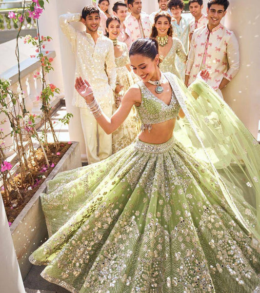 Wedding Wear Butterfly Net Mint Green Lehenga Choli