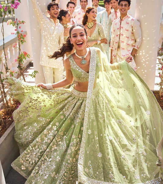 Wedding Wear Butterfly Net Mint Green Lehenga Choli