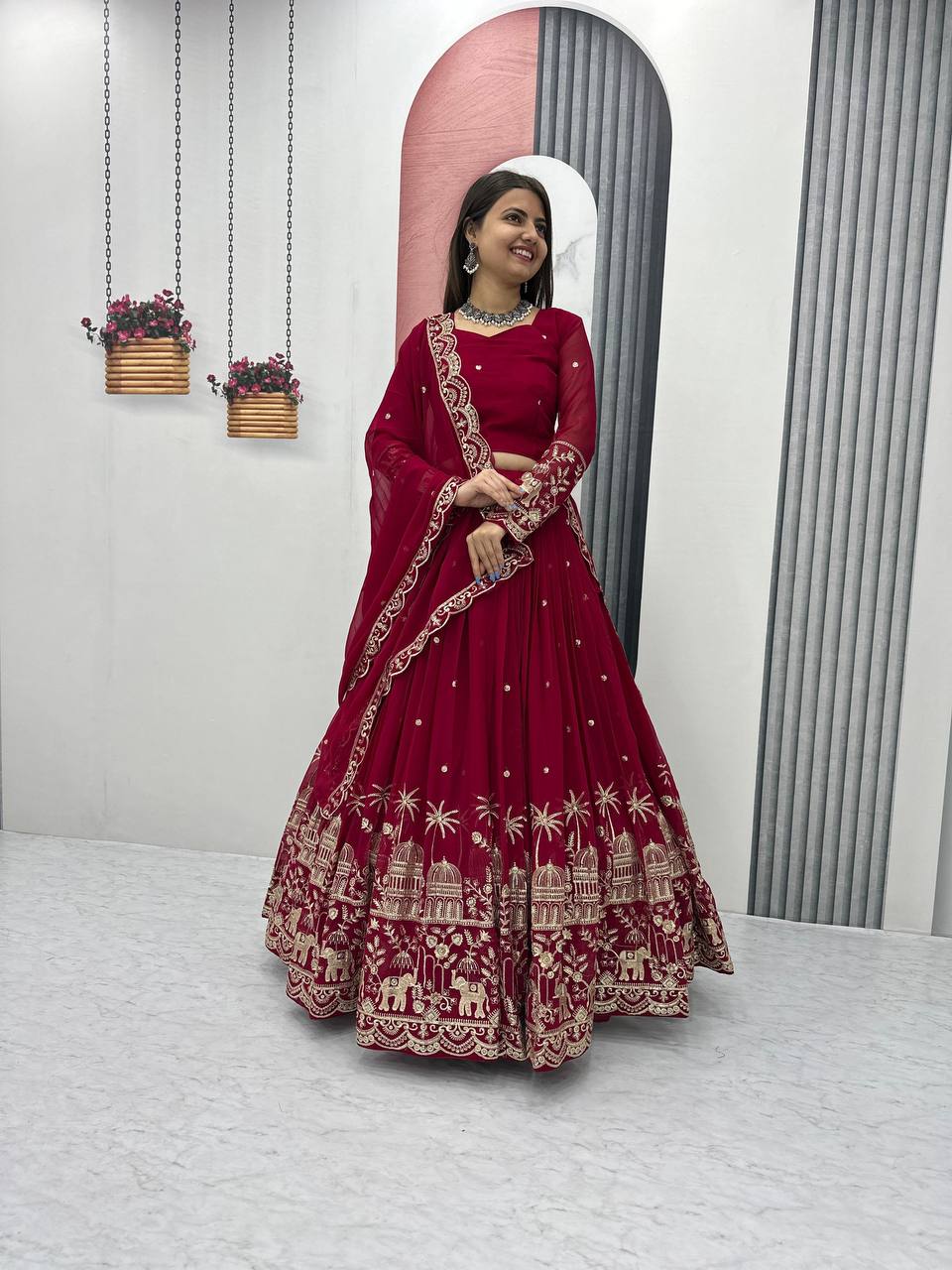 Georgette Red Wedding Wear Lehenga Choli