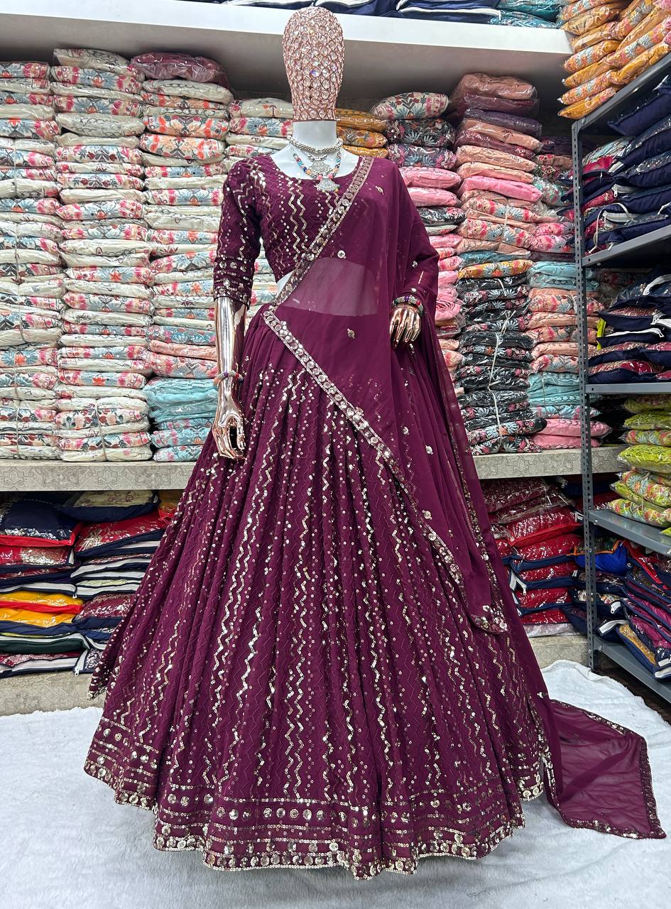 Wedding Wear Georgette Sequence Purple Lehenga Choli