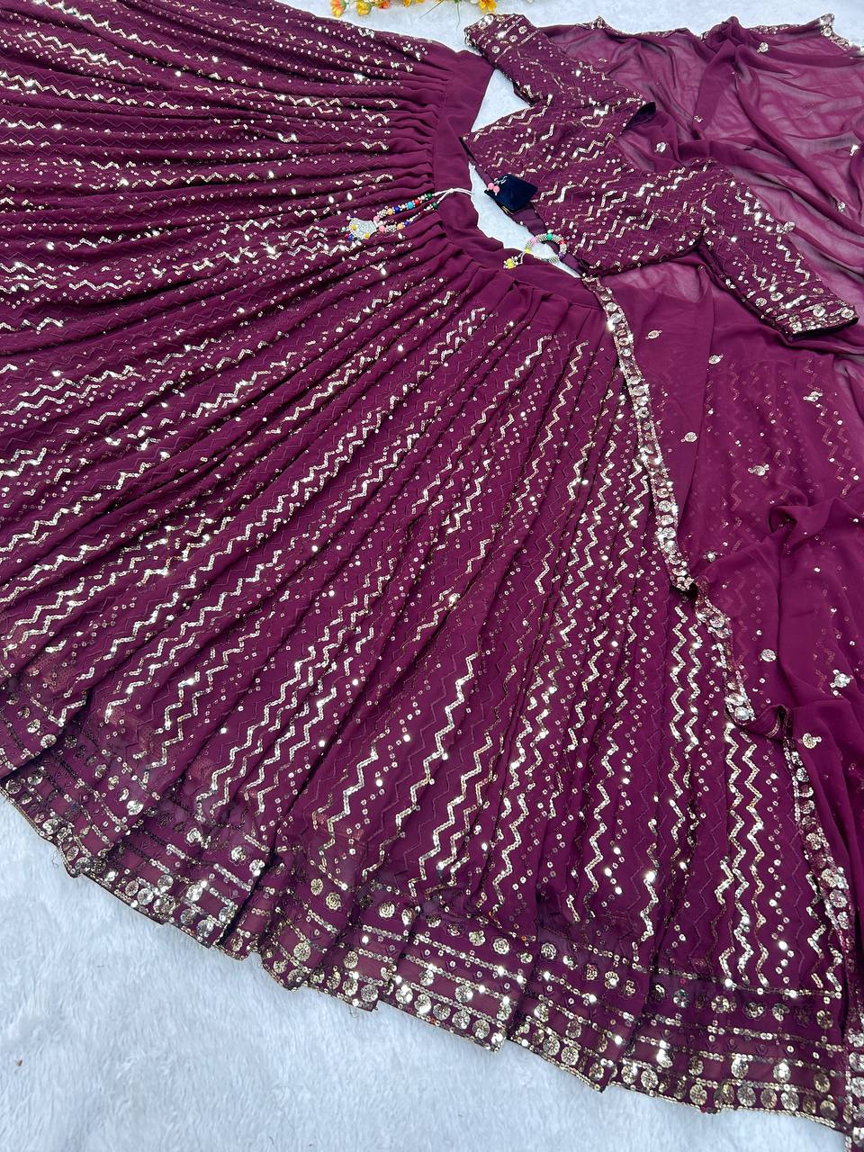 Wedding Wear Georgette Sequence Purple Lehenga Choli