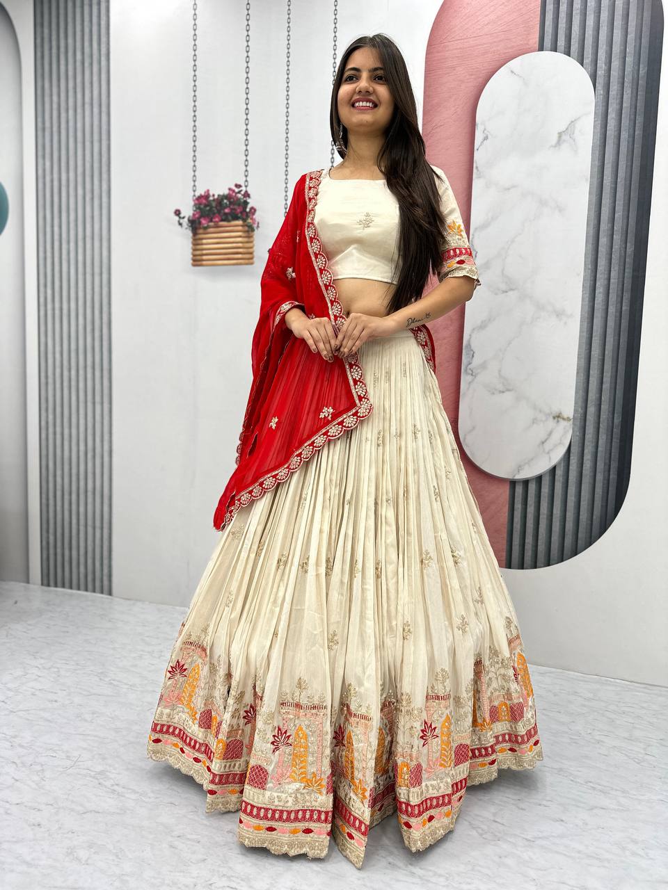 Pure Banarasi Tissue Embroidered White Lehenga Choli