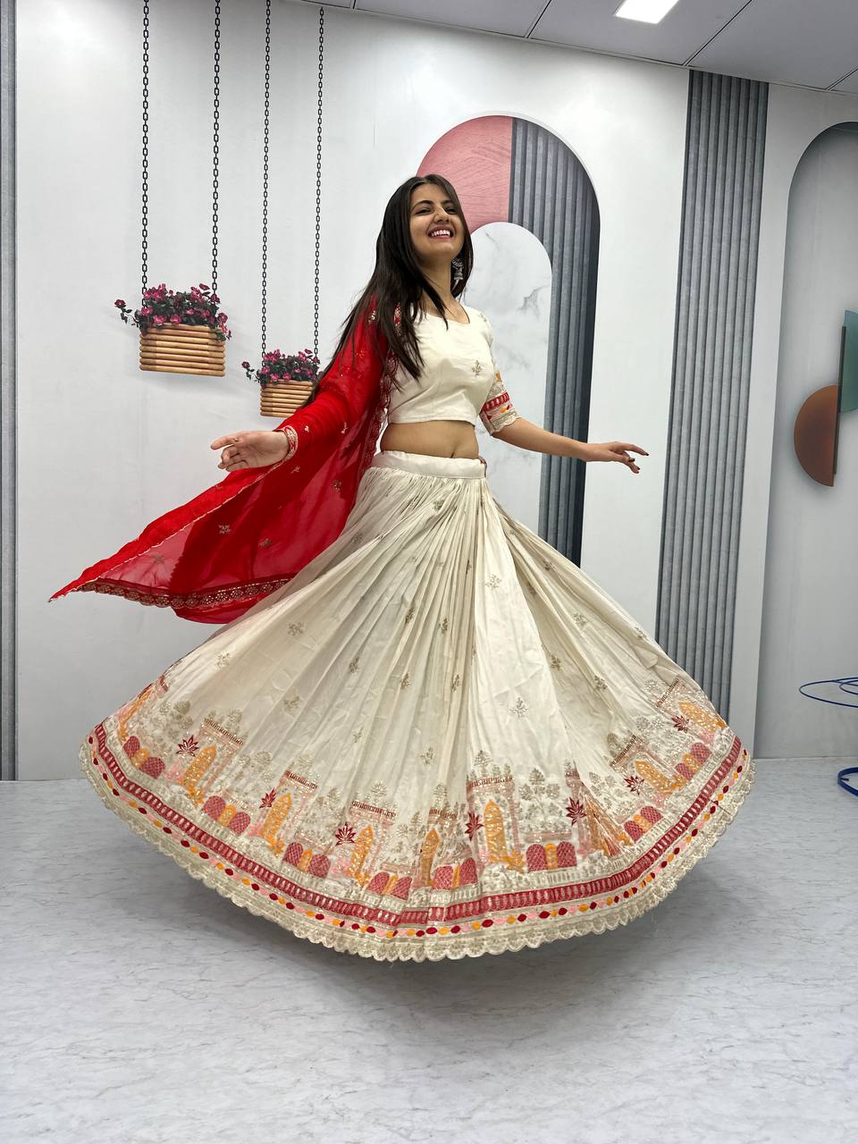 Pure Banarasi Tissue Embroidered White Lehenga Choli