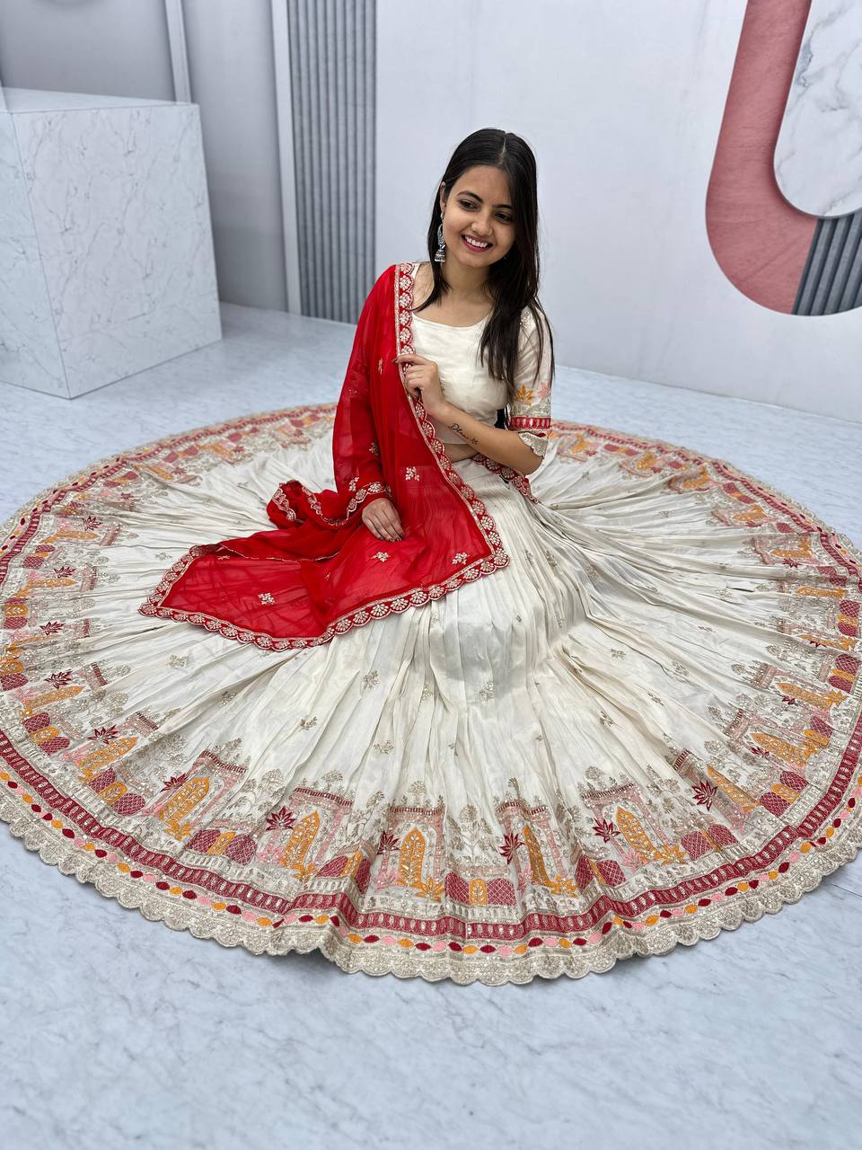 Pure Banarasi Tissue Embroidered White Lehenga Choli