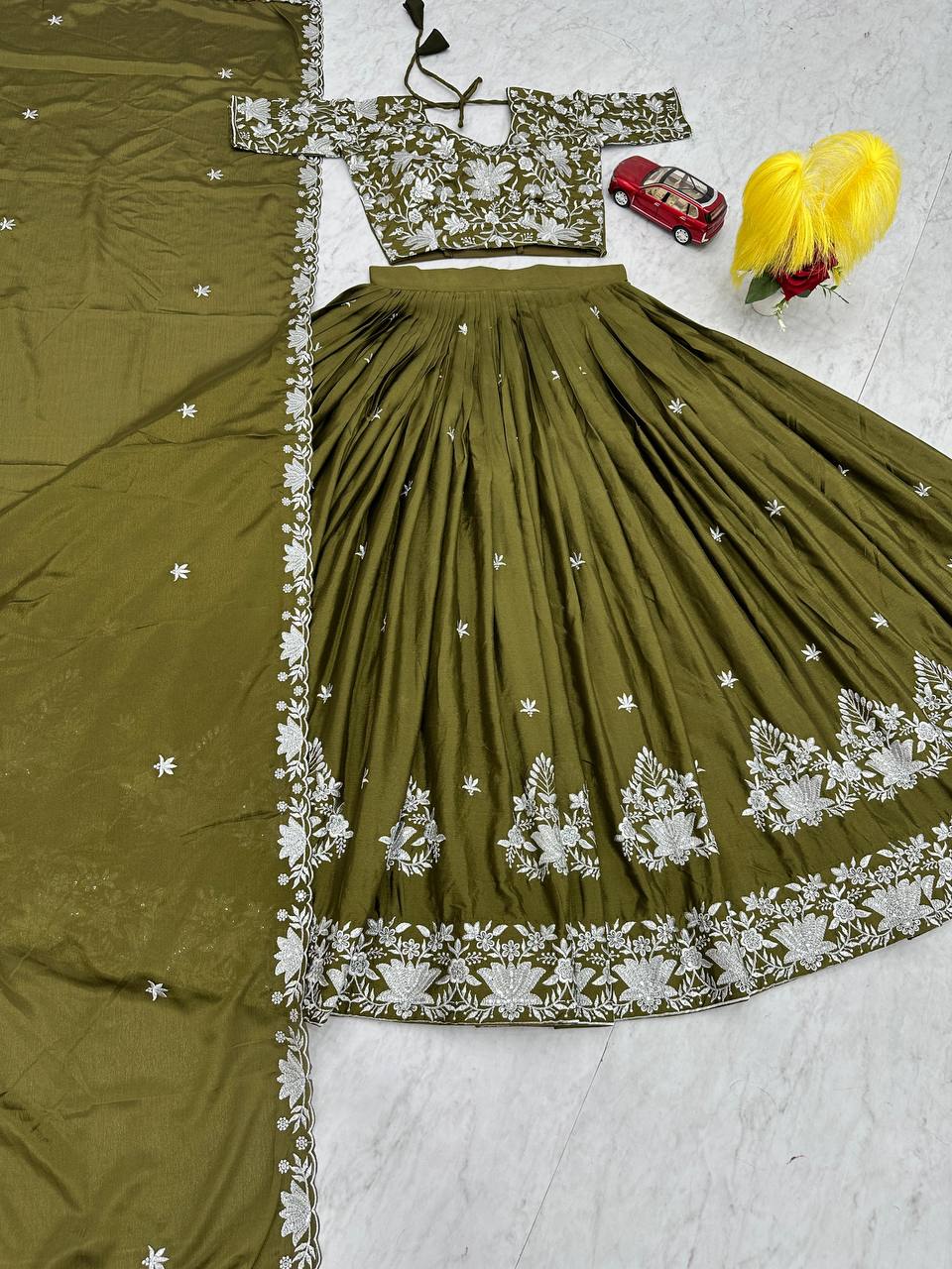 Olive Chinon Party Wear Lehenga Choli