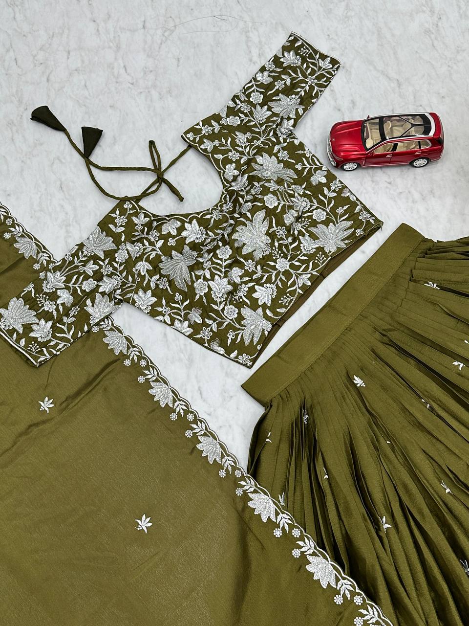 Olive Chinon Party Wear Lehenga Choli