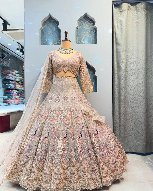 Bridal Wear Net Embroidered Light Pink Lehenga Choli