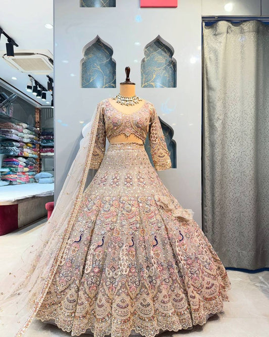 Bridal Wear Net Embroidered Light Pink Lehenga Choli