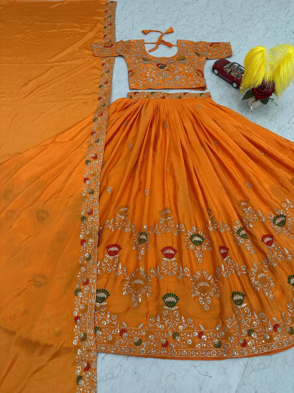 Wedding Wear Chinon Orange Lehenga Choli