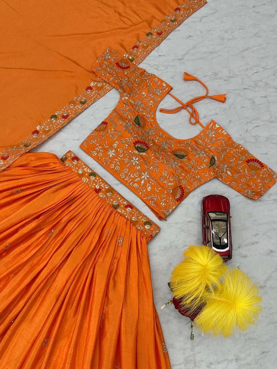 Wedding Wear Chinon Orange Lehenga Choli