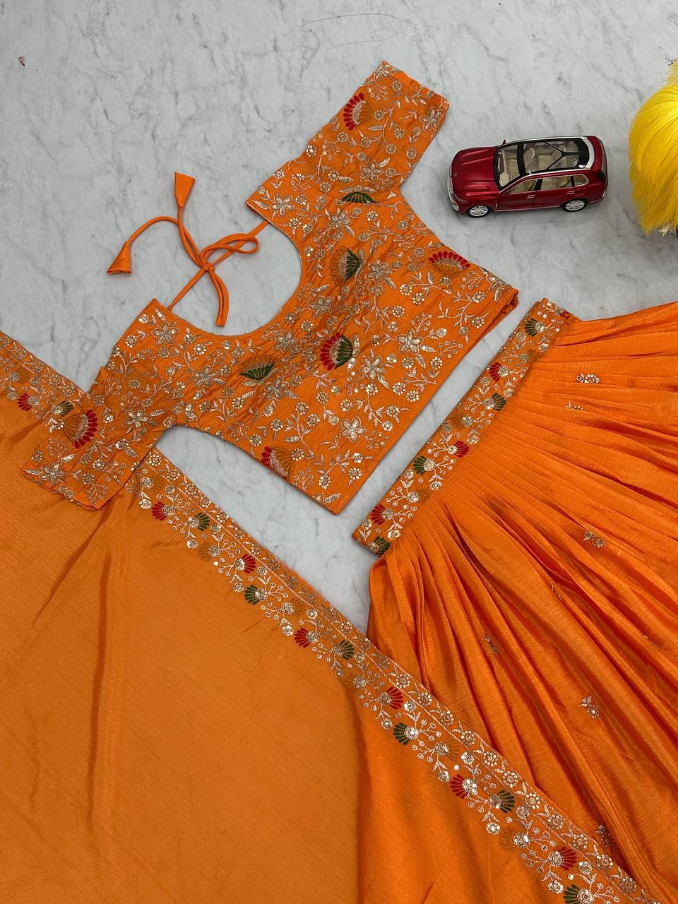 Wedding Wear Chinon Orange Lehenga Choli