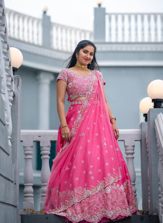 Chinon Engagement Wear Pink Lehenga Choli