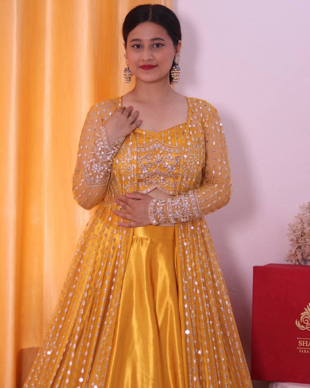 Party Wear Silk Yellow Lehenga Choli With Shrug