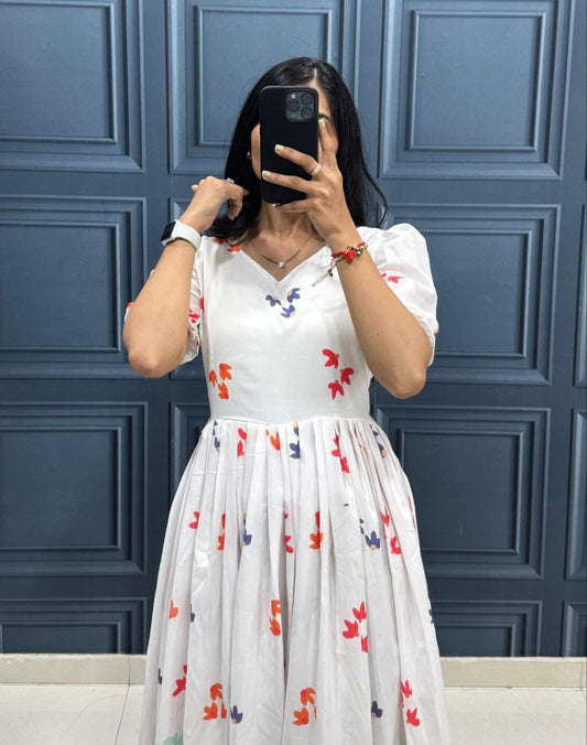 Puff Sleeve White Cotton Dress with Multicolor Floral Design