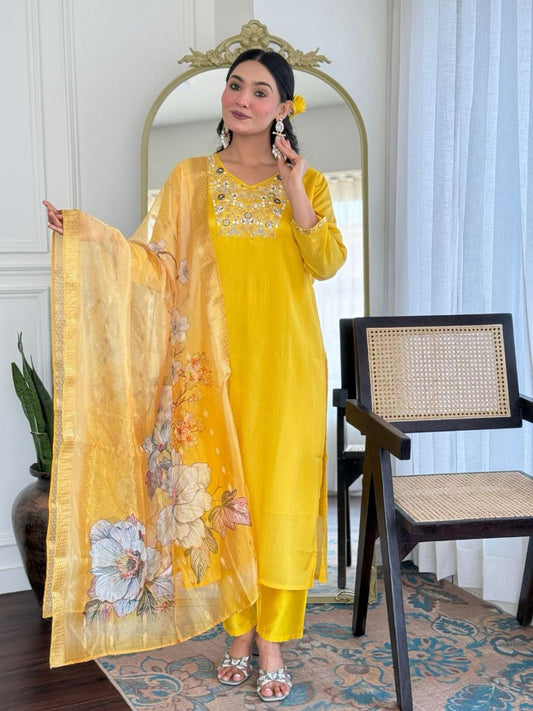 Yellow Kurta With Pant and Printed Duppta For Laddies