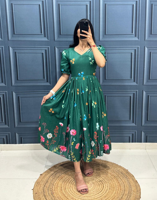 Green A-Line Fit and Flare Dress with Colorful Floral Print