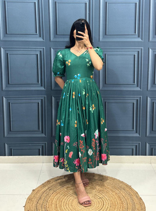 Green A-Line Fit and Flare Dress with Colorful Floral Print