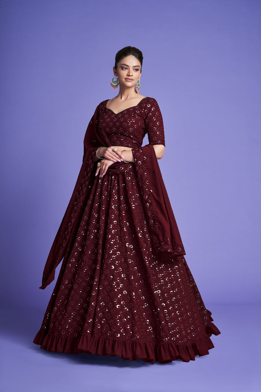 Georgette Engagement Wear Maroon Lehenga Choli