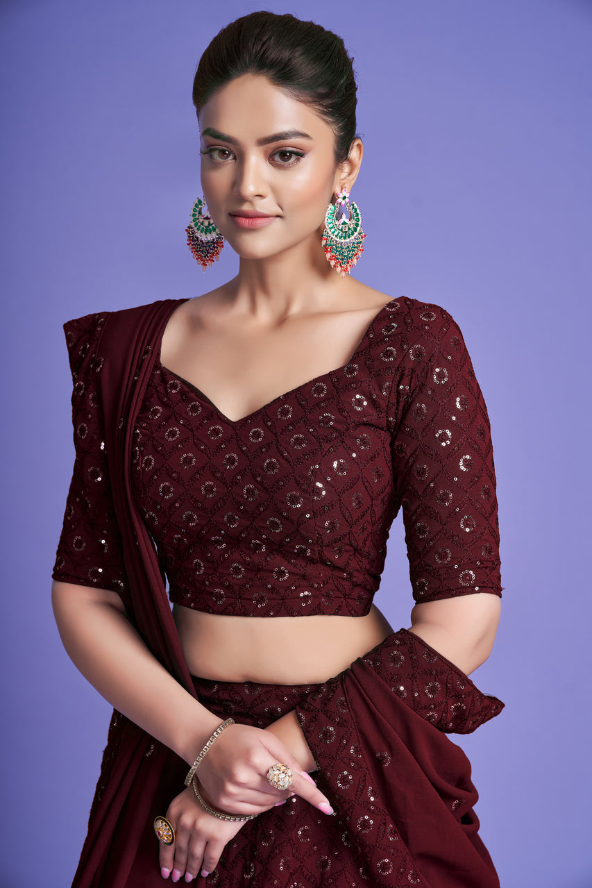 Georgette Engagement Wear Maroon Lehenga Choli