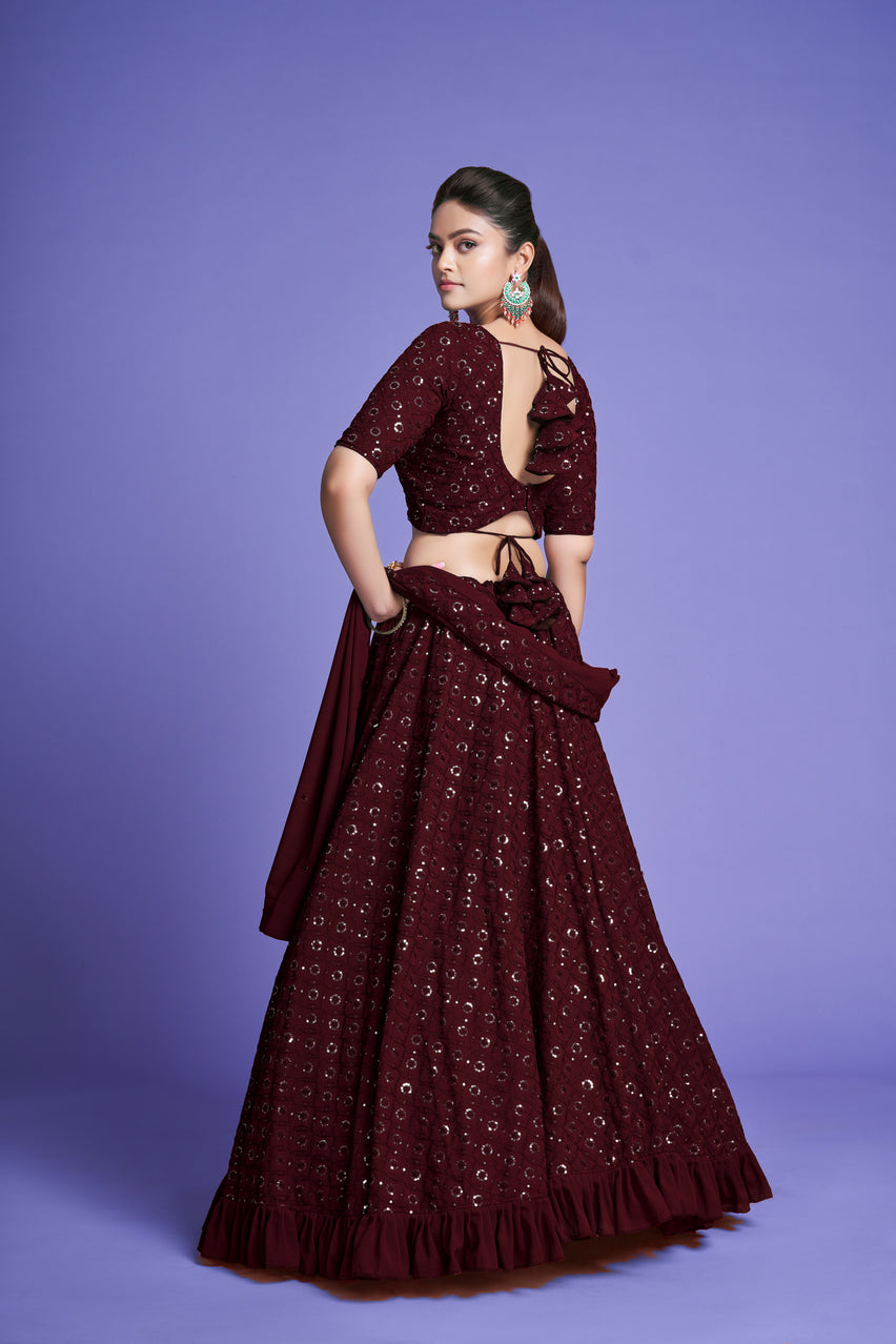 Georgette Engagement Wear Maroon Lehenga Choli