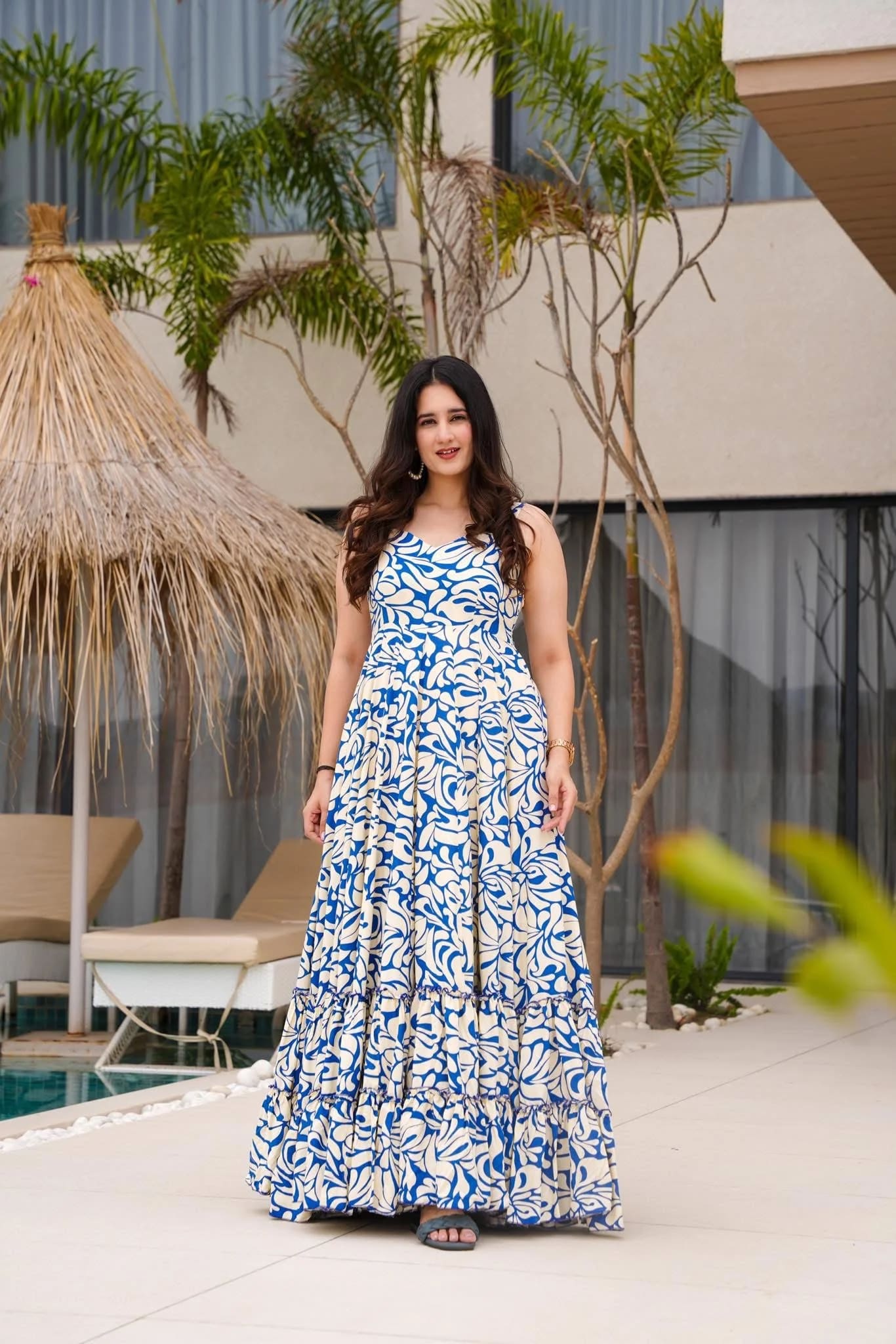 Blue White Printed Maxi Dress for Women | Sleeveless Flared Long Dress