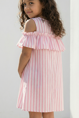 Girls Striped Cold Shoulder Flared Dress