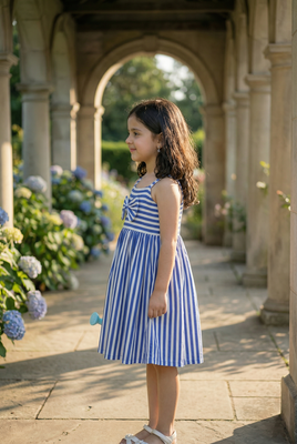 Blue Stripe Bow Party Dress for Girls