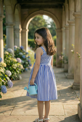 Blue Stripe Bow Party Dress for Girls