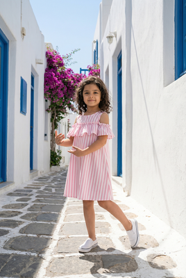 Girls Striped Cold Shoulder Flared Dress