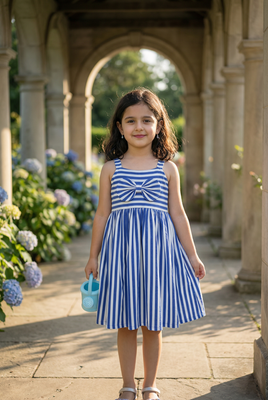 Blue Stripe Bow Party Dress for Girls