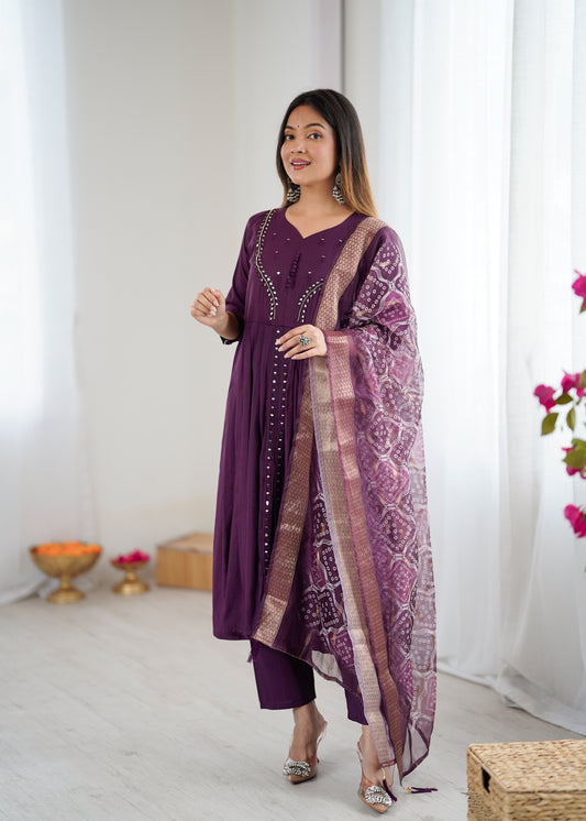 Elegant Wine Kurta Set with Dupatta and Pants