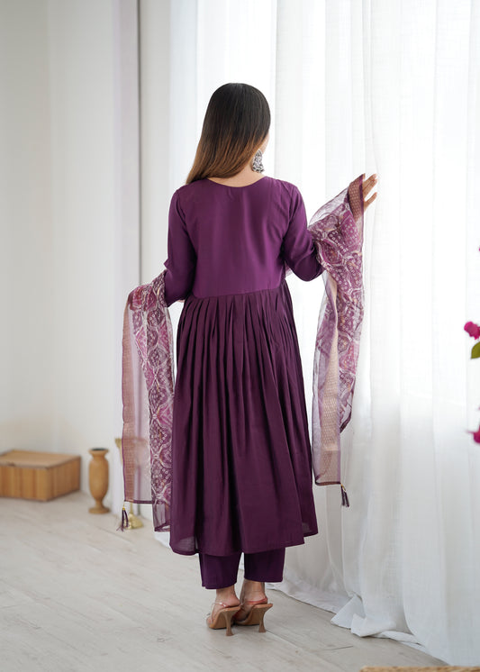 Elegant Wine Kurta Set with Dupatta and Pants