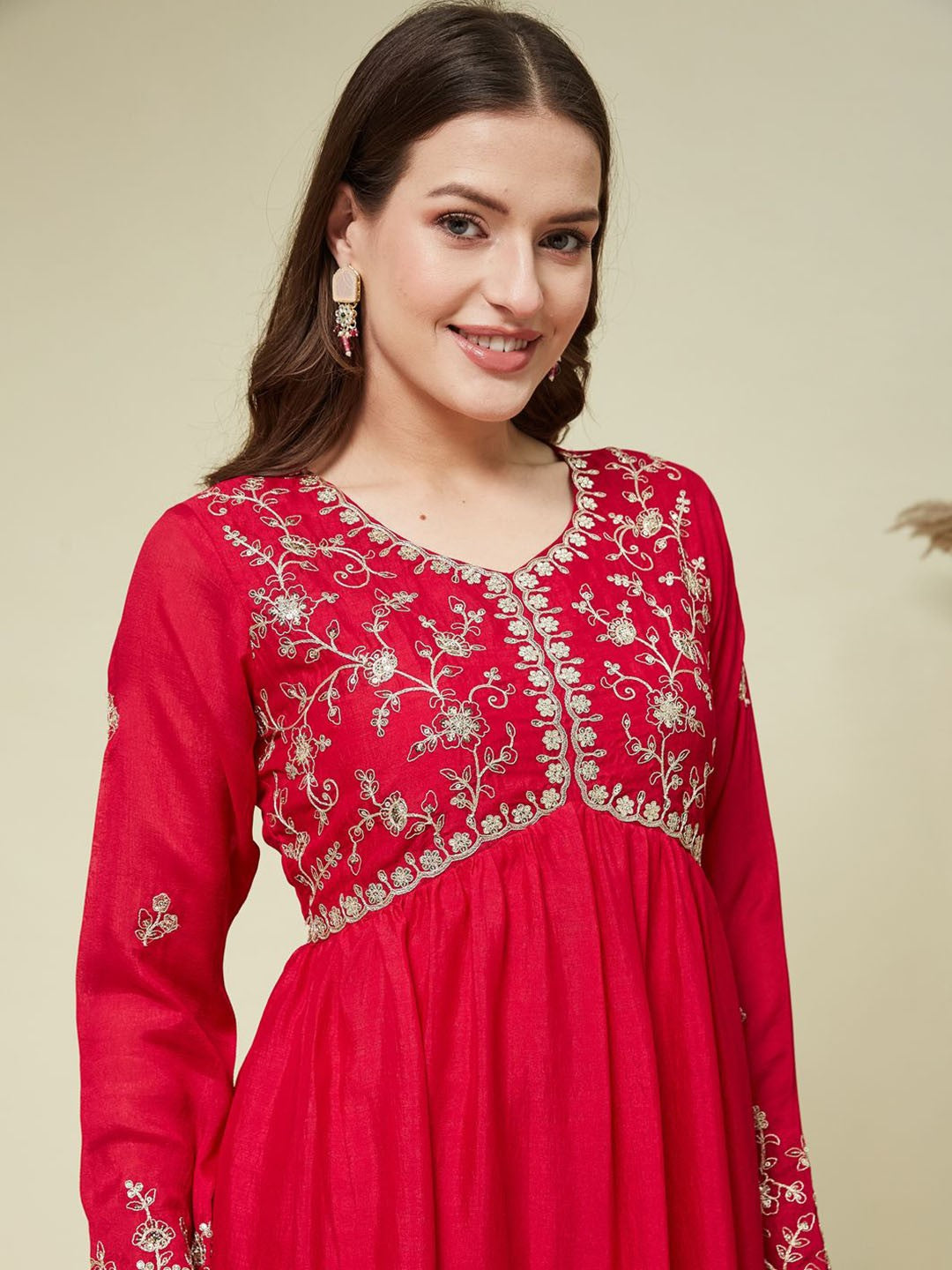 Red Embroidered Kurta Set for Women with Dupatta