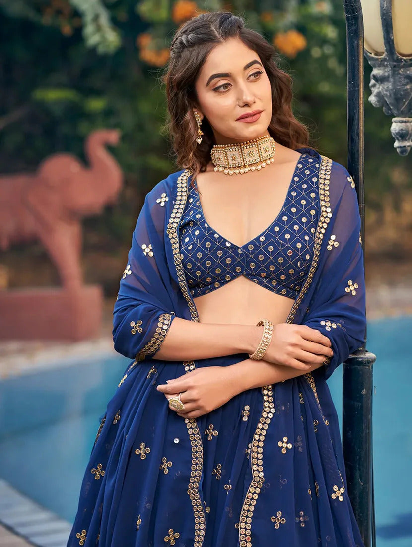 Navy Blue Lehenga Set with Gold Embroidery